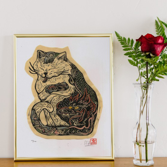 Gravure de chat de Flore Cazalis, disponible au Générateur à Strasbourg