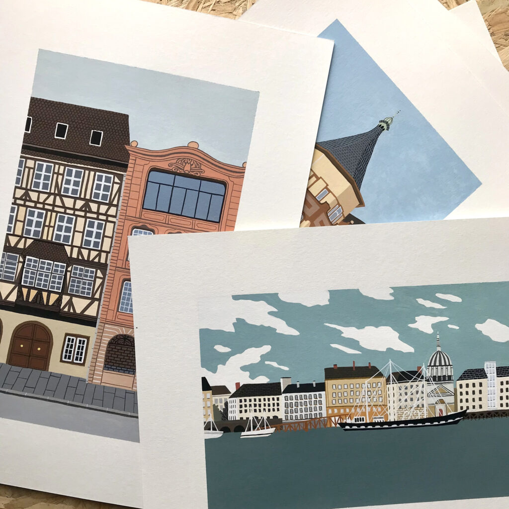 Illustrations de maisons de Alexiane Magnin disponibles dans le concept store Le Générateur à Strasbourg